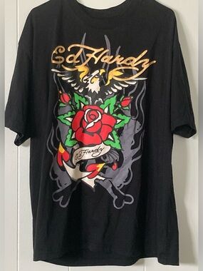 Ed Hardy Mens XL Black Tee with Red Rose, Green Leaves and Gold Script NEW